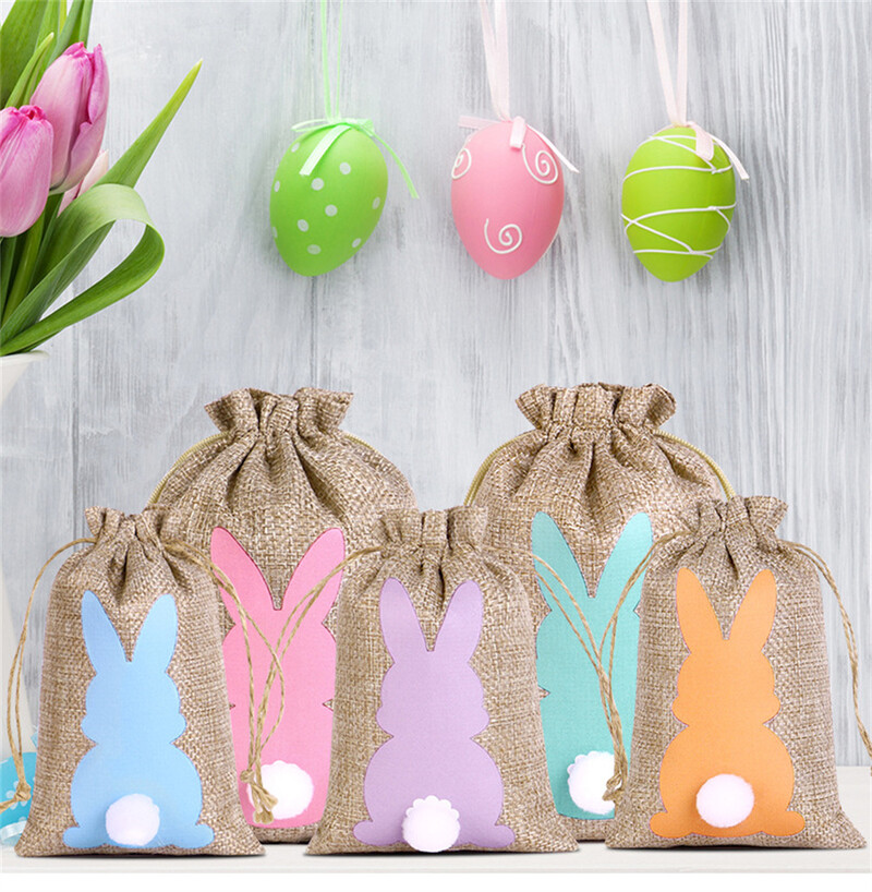 1 tk Lihavõttepühade kottide kott, nööriga kinkekott Lihavõttejänku jänku linasest džuudist kott koheva sabaga kingikoti kott Peosoov