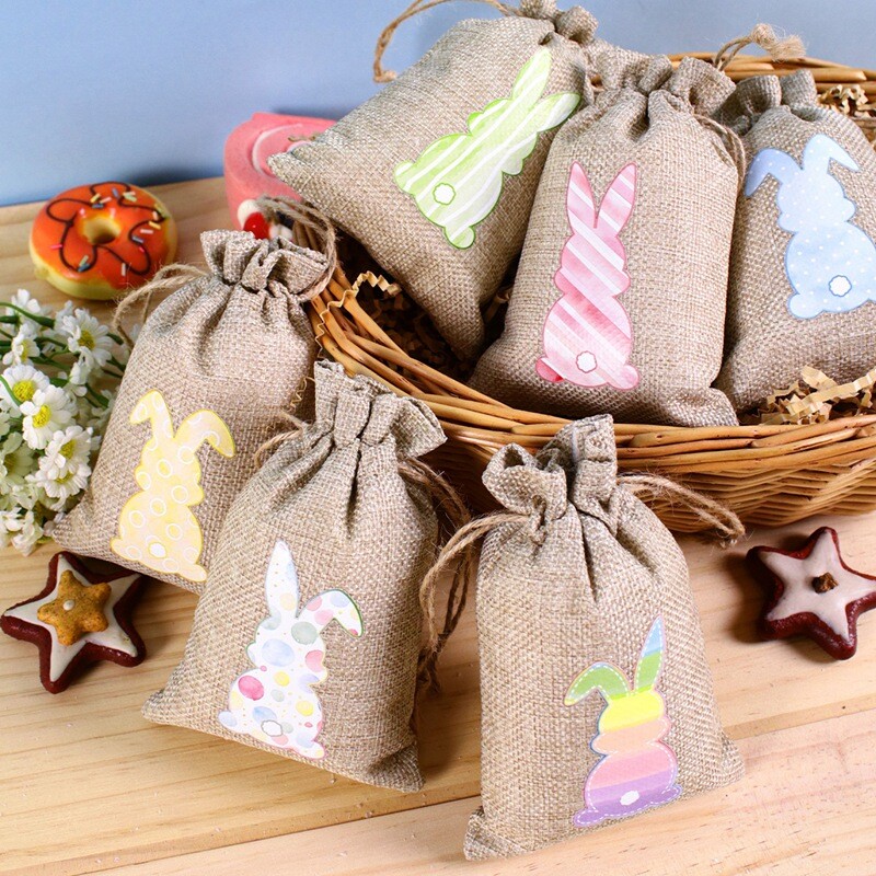 6 bucăți saci de bomboane din pânză de Paște, cu model de iepuraș, din lenjerie de iută, saci de cadou pentru paste, copii, prăjituri, pachete de gustări, pungi pentru decorațiuni pentru petreceri