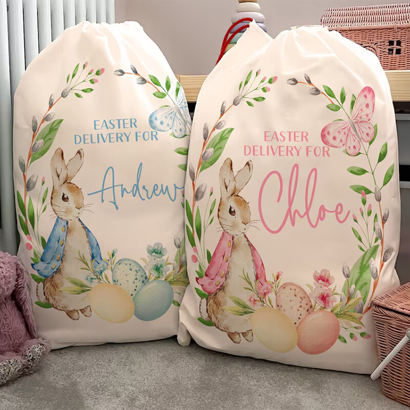 Nume personalizat personalizat Geanta de iepure iepuras Decoratiune petrecere de Paste fericit Cos de vanatoare de oua copii copil baiat fata cadou sac galeata