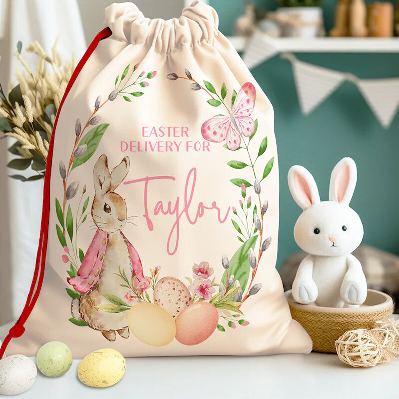 Nume personalizat personalizat Geanta de iepure iepuras Decoratiune petrecere de Paste fericit Cos de vanatoare de oua copii copil baiat fata cadou sac galeata