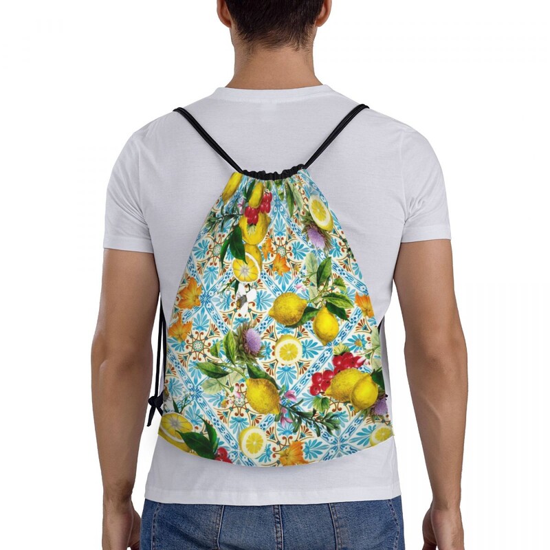 Sicīlijas citroni un romantiskas flīzes Savelkamās aukliņas somas iepirkšanās jogas mugursomas Sieviešu citrusaugļu apgleznošana sporta vingrošanas soma