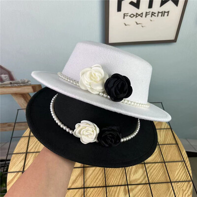 Fedora cu lanț floral pentru femei, la modă înaltă, cu ace perle, șapcă cu șapcă, alb, negru, toamnă, iarnă, pălărie pentru fete, cu boruri largi