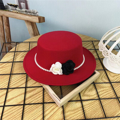 Fedora cu lanț floral pentru femei, la modă înaltă, cu ace perle, șapcă cu șapcă, alb, negru, toamnă, iarnă, pălărie pentru fete, cu boruri largi