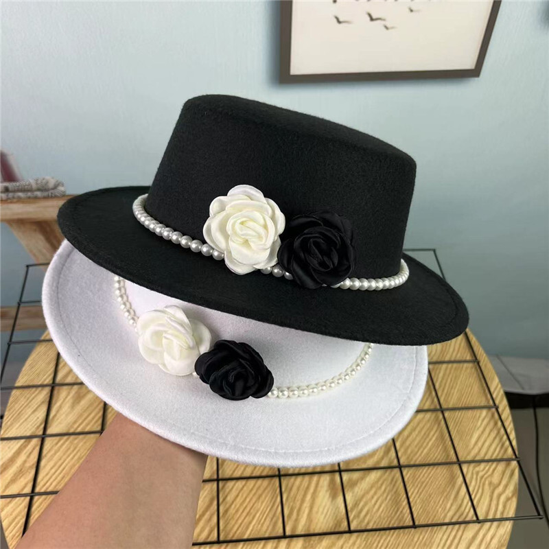 Fedora cu lanț floral pentru femei, la modă înaltă, cu ace perle, șapcă cu șapcă, alb, negru, toamnă, iarnă, pălărie pentru fete, cu boruri largi