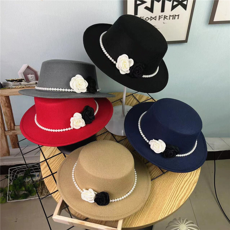 Fedora cu lanț floral pentru femei, la modă înaltă, cu ace perle, șapcă cu șapcă, alb, negru, toamnă, iarnă, pălărie pentru fete, cu boruri largi