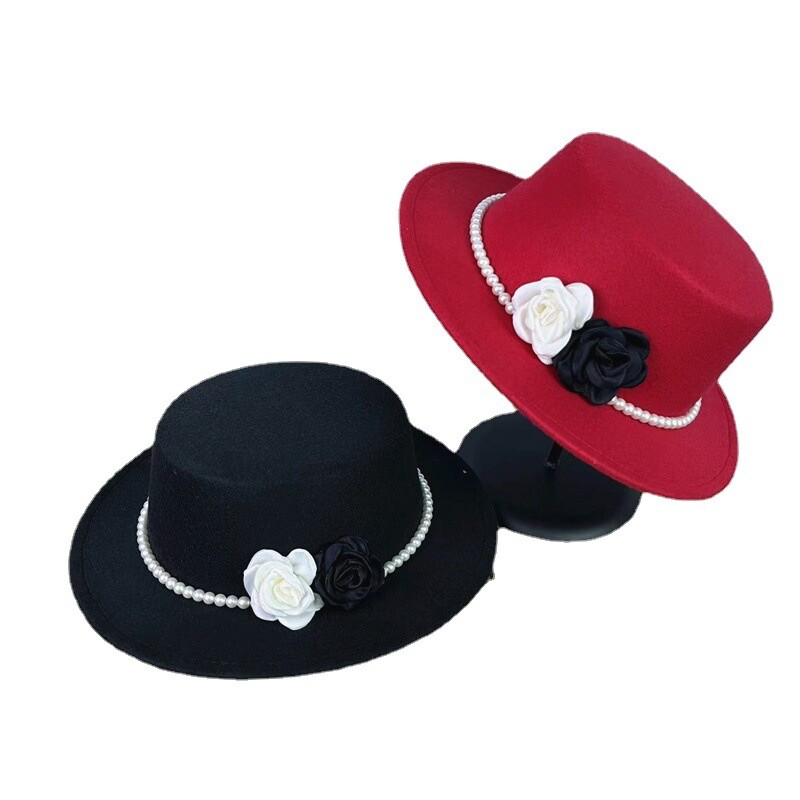 Fedora cu lanț floral pentru femei, la modă înaltă, cu ace perle, șapcă cu șapcă, alb, negru, toamnă, iarnă, pălărie pentru fete, cu boruri largi