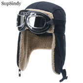 SupSindy armijas militārās Ushanka vīriešu un sieviešu vēja necaurlaidīgas ziemas bumbvedēja cepures ar aizsargbrillēm, siltas jēra vilnas pilota austiņas, termo sniega cepures