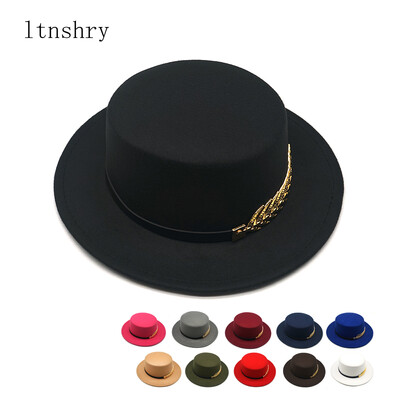 Toamnă Iarnă Femei Bărbați Lână Vintage Trilby Pălărie Fedora Panglică Cu Boruri Late Gentleman Elegante Pentru Doamnă Căciuli Jazz Top Plat