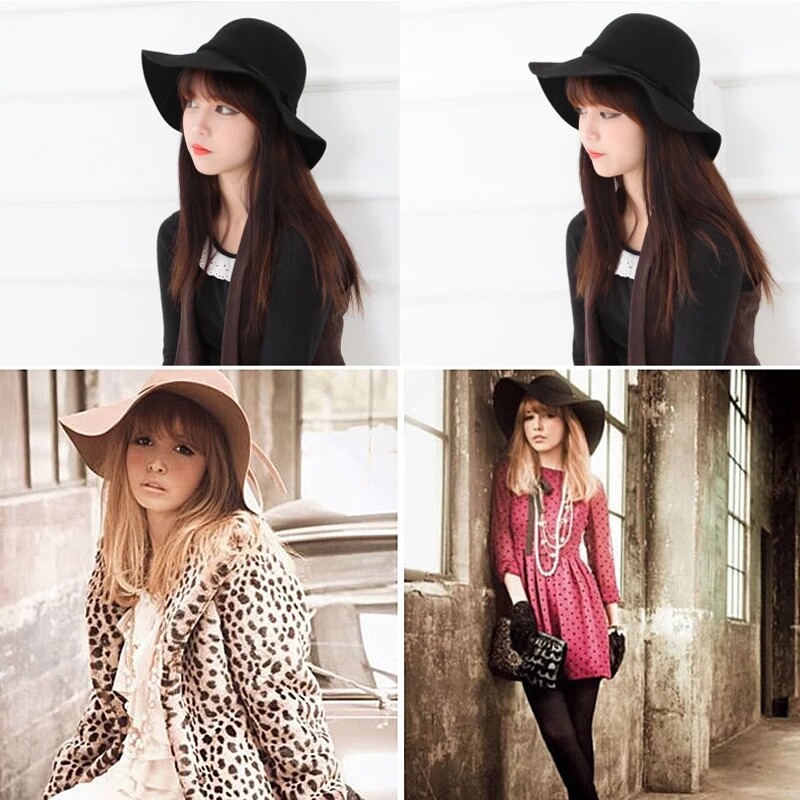 Pălărie Fedora de lână artificială cu boruri largi pentru femei