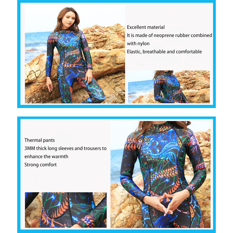 Neoprēna niršanas kostīms sievietēm ar garām piedurknēm snorkelēšanas peldkostīms mugurā ar rāvējslēdzēju saules aizsardzība, profesionāla sērfošana, modes raksts, 3 mm