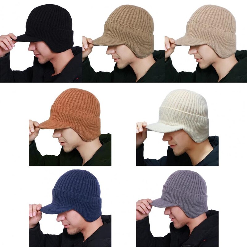Pălărie tricotată pentru bărbați de iarnă, cu căciuli pentru urechi, rezistentă la vânt, călărie caldă pentru urechi, ciclism în aer liber, baseball, tricotată, pălărie cu vizor