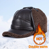 Noua pălărie de iarnă 2024, șapcă de baseball pentru bărbați, șapcă din piele artificială, călduță, de lux, din blană rusească, cu clape, șapci negre cu blană
