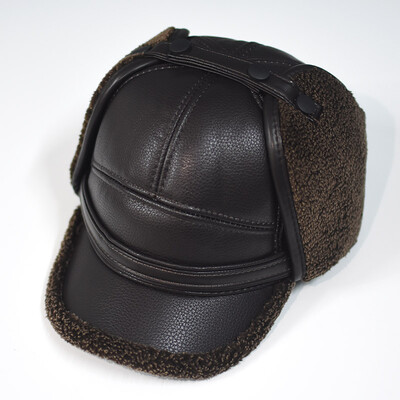 Noua pălărie de iarnă 2024, șapcă de baseball pentru bărbați, șapcă din piele artificială, călduță, de lux, din blană rusească, cu clape, șapci negre cu blană