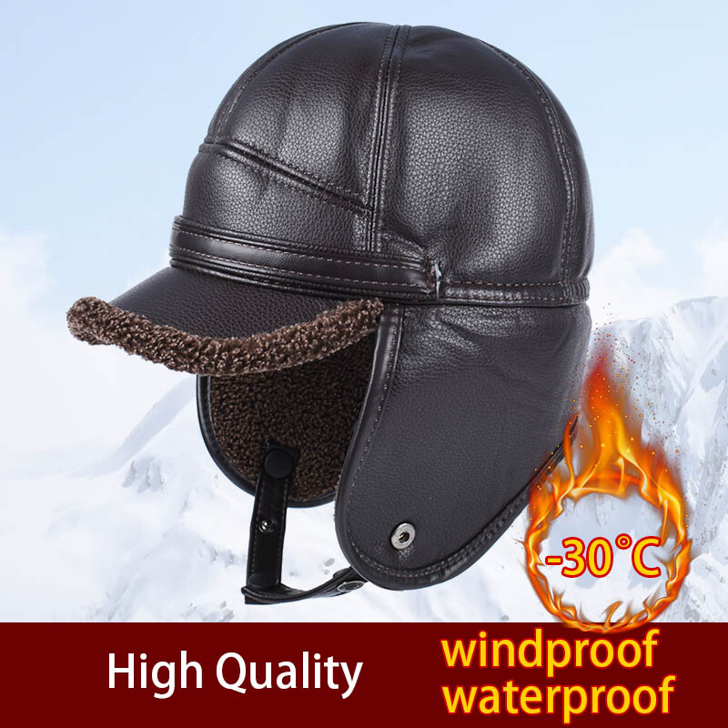 Noua pălărie de iarnă 2024, șapcă de baseball pentru bărbați, șapcă din piele artificială, călduță, de lux, din blană rusească, cu clape, șapci negre cu blană