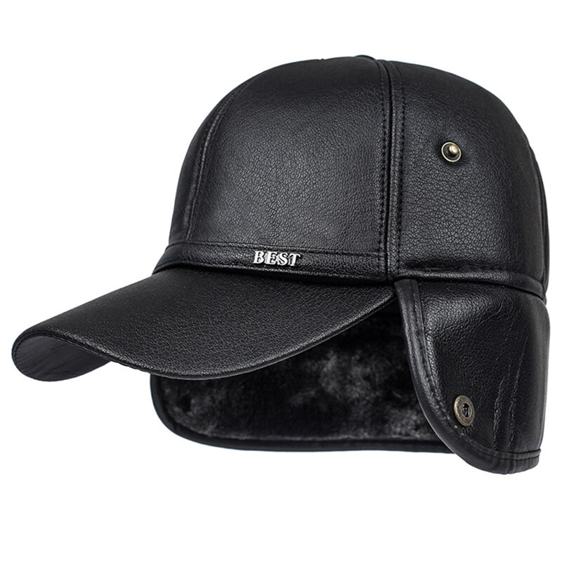 Pălării Bomber din piele de iarnă Pălărie snapback de pluș pentru bărbați Caschetă de pescuit pentru tată cu clapete pentru urechi Blană îngroșată Viziere caldă Căciuli negre