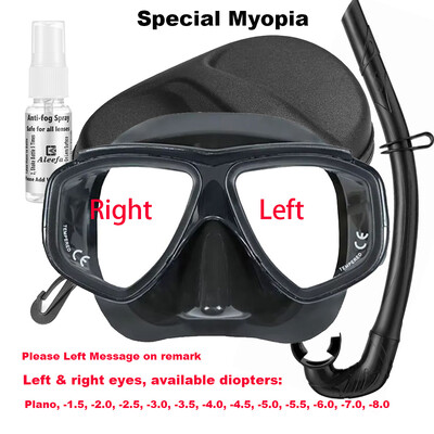 Set de snorkel de mască de scufundări cu miopie pentru adulți cu spray anti-aburire din sticlă securizată, silicon, negru transparent pentru scufundări cu snokel, freedive