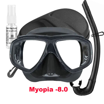 Set de snorkel de mască de scufundări cu miopie pentru adulți cu spray anti-aburire din sticlă securizată, silicon, negru transparent pentru scufundări cu snokel, freedive