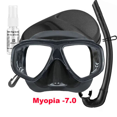 Set de snorkel de mască de scufundări cu miopie pentru adulți cu spray anti-aburire din sticlă securizată, silicon, negru transparent pentru scufundări cu snokel, freedive