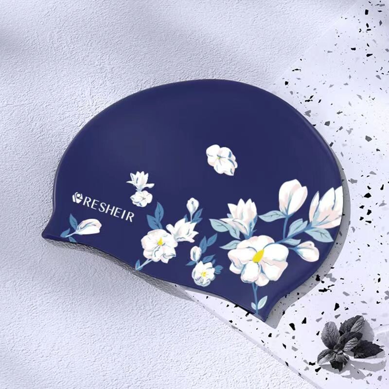 Cască de înot din silicon Cască de înot rezistentă la apă, cu elasticitate ridicată, pentru femei, păr lung, șapcă de înot confortabilă pentru adulți, imprimată