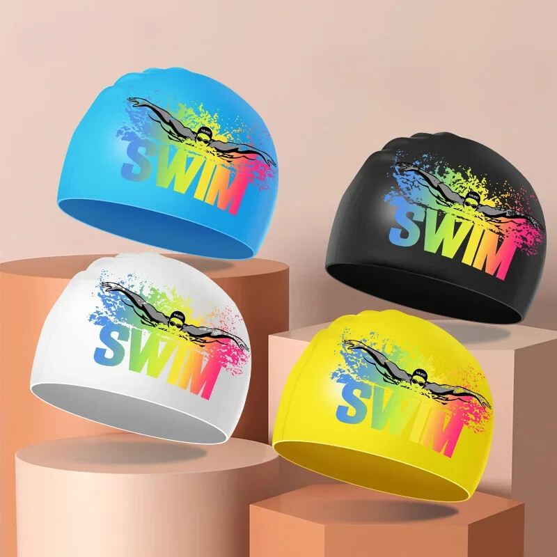 Șepci de înot din silicon pentru bărbați, femei, dimensiuni mari, păr lung, protecție pentru urechi, șepci de înot imprimate pentru adulți, accesorii pentru piscină