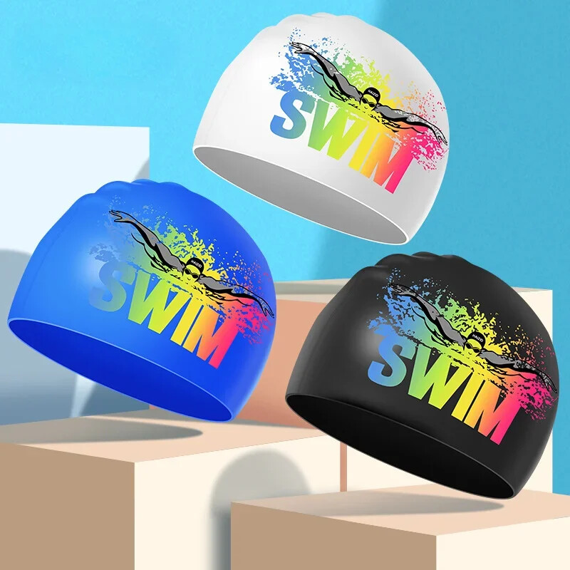 Șepci de înot din silicon pentru bărbați, femei, dimensiuni mari, păr lung, protecție pentru urechi, șepci de înot imprimate pentru adulți, accesorii pentru piscină