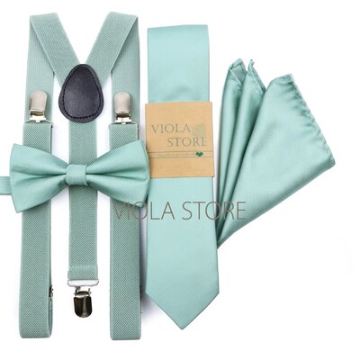 Kuum uus salvei roheline, soliidne 2,5 cm ripp, 6 cm lips Hankie vibu komplekt meestele Kid Cravat traksidega reguleeritavad rihmad pulmapeo tarvik