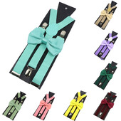 Elastīgi ādas bikšturi Bowtie komplekts Bikšturi Vīriešu Sieviešu Sage Green Regulējamas Bikšturi siksnas kāzu Y-muguras kreklu aksesuāri