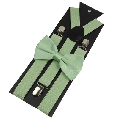Elastīgi ādas bikšturi Bowtie komplekts Bikšturi Vīriešu Sieviešu Sage Green Regulējamas Bikšturi siksnas kāzu Y-muguras kreklu aksesuāri