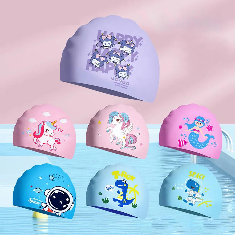 Bērnu peldcepure karikatūra silikona zēnu un meiteņu peldēšanas piederumi gariem matiem, ūdensnecaurlaidīga ausu aizsardzība, jauka peldcepure