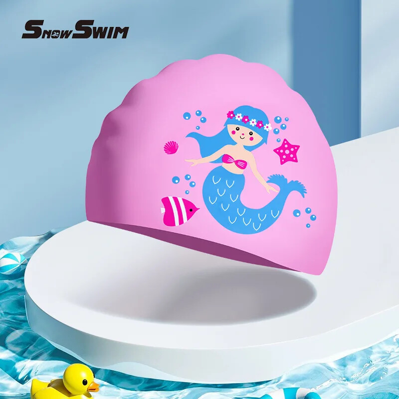 Bērnu peldcepure karikatūra silikona zēnu un meiteņu peldēšanas piederumi gariem matiem, ūdensnecaurlaidīga ausu aizsardzība, jauka peldcepure