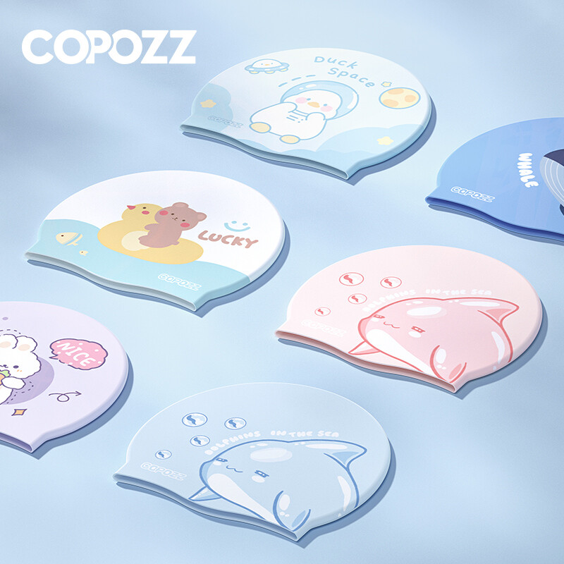 Șapcă de înot COPOZZ pentru copii, pentru copii, impermeabilă, elastică, din silicon, pentru piscină, cu protecție urechilor, pălărie de înot cu desene animate, pentru băieți, fete