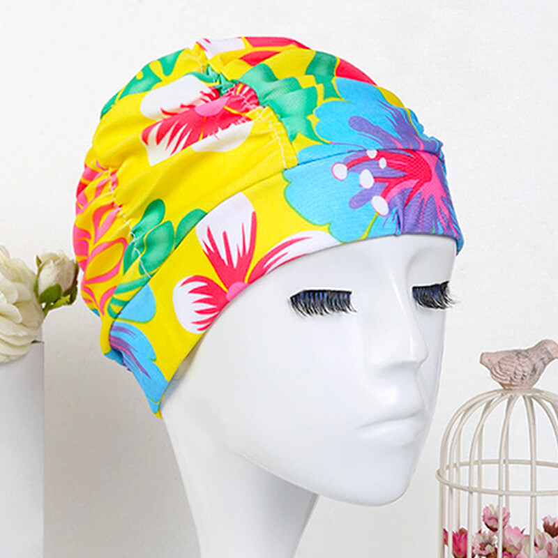 Дамски шапки за плуване от плат, плувен басейн, водни спортове, къпане, плисирана шапка, шапка с дълга коса, найлонов тюрбан, еластичен, цветя за възрастни с щампи