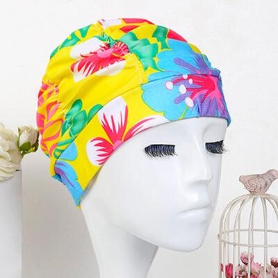 Шапки за плуване от плисиран плат Жени, мъже, цветя, сърца, звезди, щампи, плувен басейн, водни спортове, дълга коса, ластик, найлонова шапка за баня, тюрбан