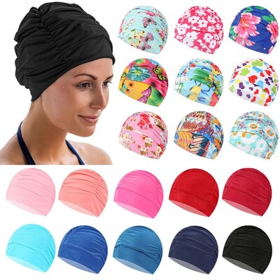 Turban elastic din nailon, pălării de baie pentru piscină, păr lung, șepci de protecție pentru înot, bărbați, femei, șapcă de înot plisată imprimată cu flori