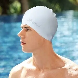 Palielināta versija Silikona peldcepure vīriešiem, ūdensnecaurlaidīga, nenožņaugjoša ausu aizsardzība peldēšanas druka, liela izmēra sievietēm