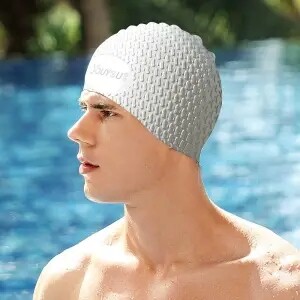 Palielināta versija Silikona peldcepure vīriešiem, ūdensnecaurlaidīga, nenožņaugjoša ausu aizsardzība peldēšanas druka, liela izmēra sievietēm