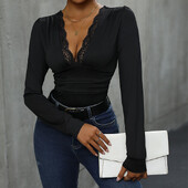 Benuynffy Body sexy cu decolteu în V adânc din dantelă contrastantă pentru femei, primăvară, toamnă, mânecă lungă, petrecere în club, topuri elegante dintr-o singură bucată