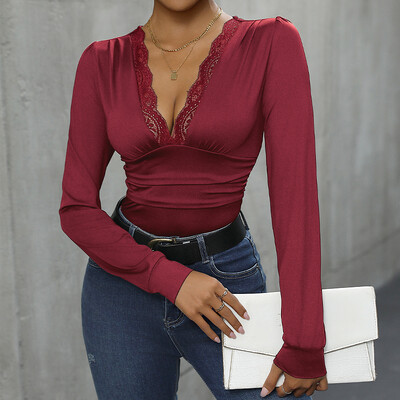 Benuynffy Body sexy cu decolteu în V adânc din dantelă contrastantă pentru femei, primăvară, toamnă, mânecă lungă, petrecere în club, topuri elegante dintr-o singură bucată