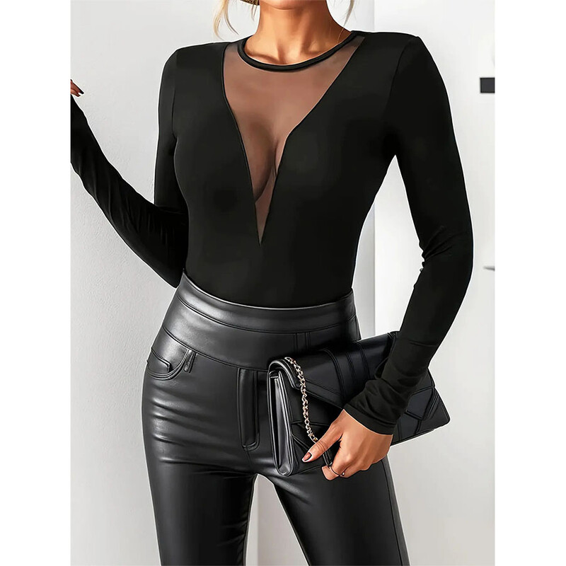 2024, toamnă și iarnă, sexy, în față, plasă pentru sâni, îmbinat, gol, culoare solidă, tricou cu mânecă lungă, top subțire pentru femei