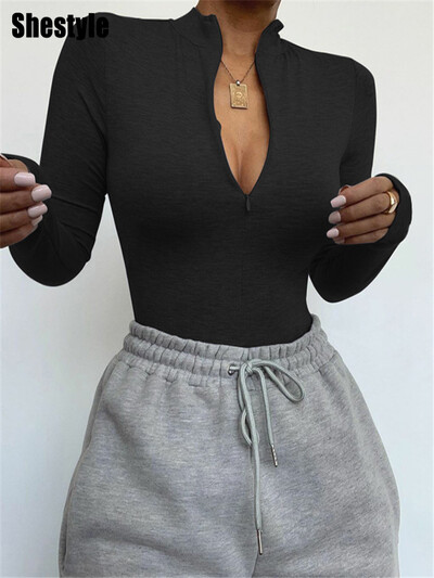 Shestyle jednobojni bodi s patentnim zatvaračem Ženski seksi, lažni izrez, jesen, modni, uski, osnovni body, zimska siva odjeća za žene