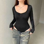 Body de toamnă pentru femei, corset negru, sexy, subțire, pliate de modă, body cu mâneci lungi, bodycon, pentru femei, elegante, tricotate