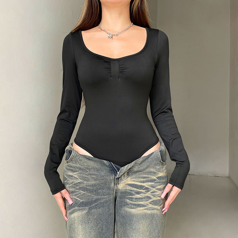 Body de toamnă pentru femei, corset negru, sexy, subțire, pliate de modă, body cu mâneci lungi, bodycon, pentru femei, elegante, tricotate