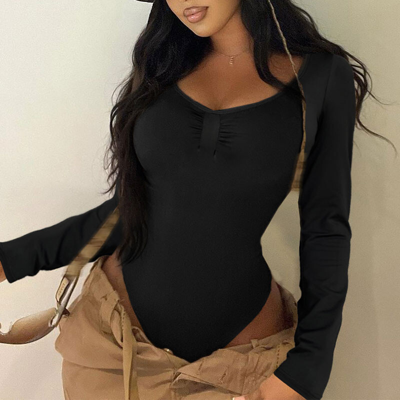 Body de toamnă pentru femei, corset negru, sexy, subțire, pliate de modă, body cu mâneci lungi, bodycon, pentru femei, elegante, tricotate