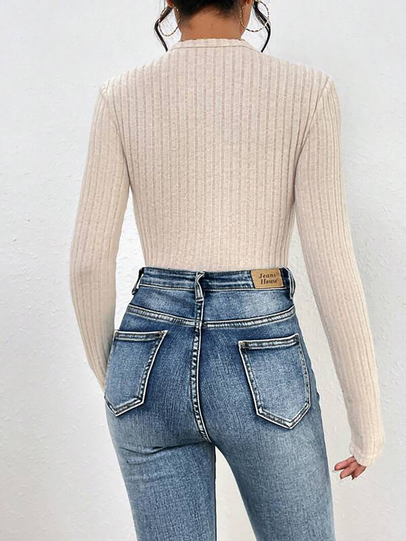 Body de damă cu mâneci lungi cu decolteu în V, tricot cu nervuri