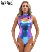 Body metalic pentru femei în față Catsuit cu gât fals Costume de club Tenuta rave cu fermoar invizibil Tricou Body Top Costume de baie pentru petrecere la piscină