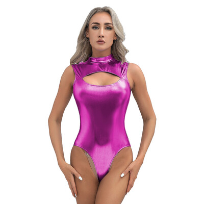 Body metalic pentru femei în față Catsuit cu gât fals Costume de club Tenuta rave cu fermoar invizibil Tricou Body Top Costume de baie pentru petrecere la piscină