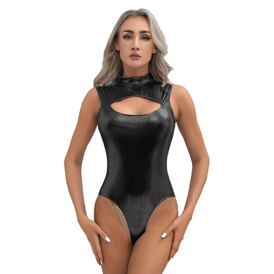 Body metalic pentru femei în față Catsuit cu gât fals Costume de club Tenuta rave cu fermoar invizibil Tricou Body Top Costume de baie pentru petrecere la piscină