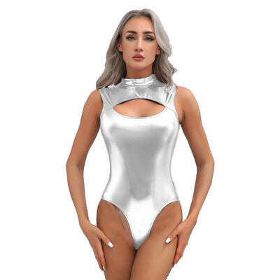 Body metalic pentru femei în față Catsuit cu gât fals Costume de club Tenuta rave cu fermoar invizibil Tricou Body Top Costume de baie pentru petrecere la piscină