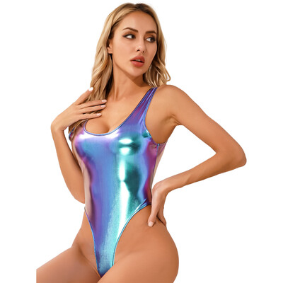 Body metalic pentru femei în față Catsuit cu gât fals Costume de club Tenuta rave cu fermoar invizibil Tricou Body Top Costume de baie pentru petrecere la piscină