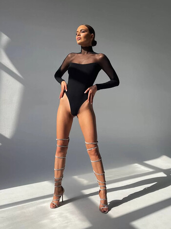 Huhugirl Mesh See Through Skinny Sexy Bodysuits Γυναικείες Μόδα συνονθύλευμα Μακρυμάνικο θηκάρι Ρόμπερες Γυναικείες φόρμες μπλούζες μπλουζάκια